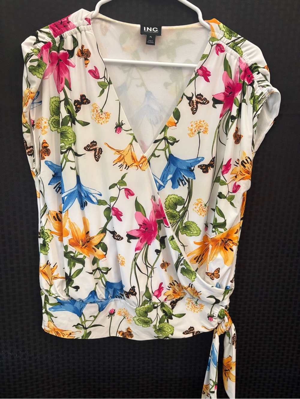 INC International Concepts White Floral Wrap Top with Pink Blue Yellow Blooms